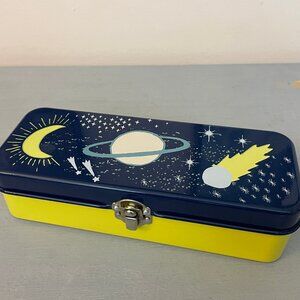 Cosmic Stars + Comet Painted Metal Pencil Box by Danica Studio Navy + Neon Yello